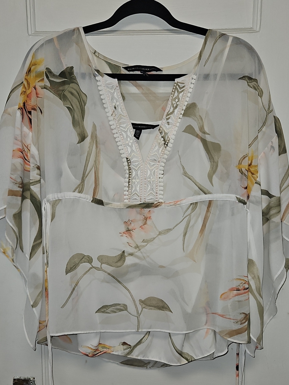 White House Black Market Sheer Floral V-Neck Kaftan Blouse with Embroidered Trim